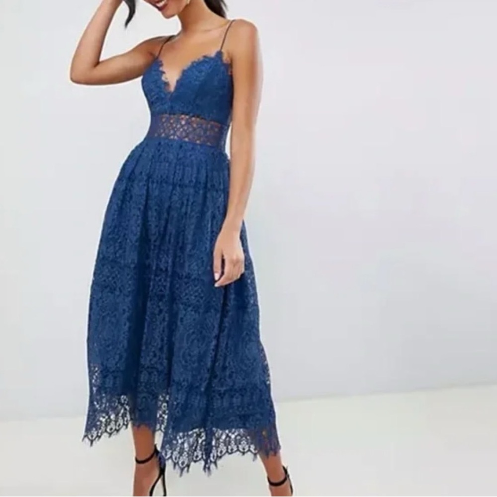 TALL Midi Blue Lace Dress with Peekaboo Waist